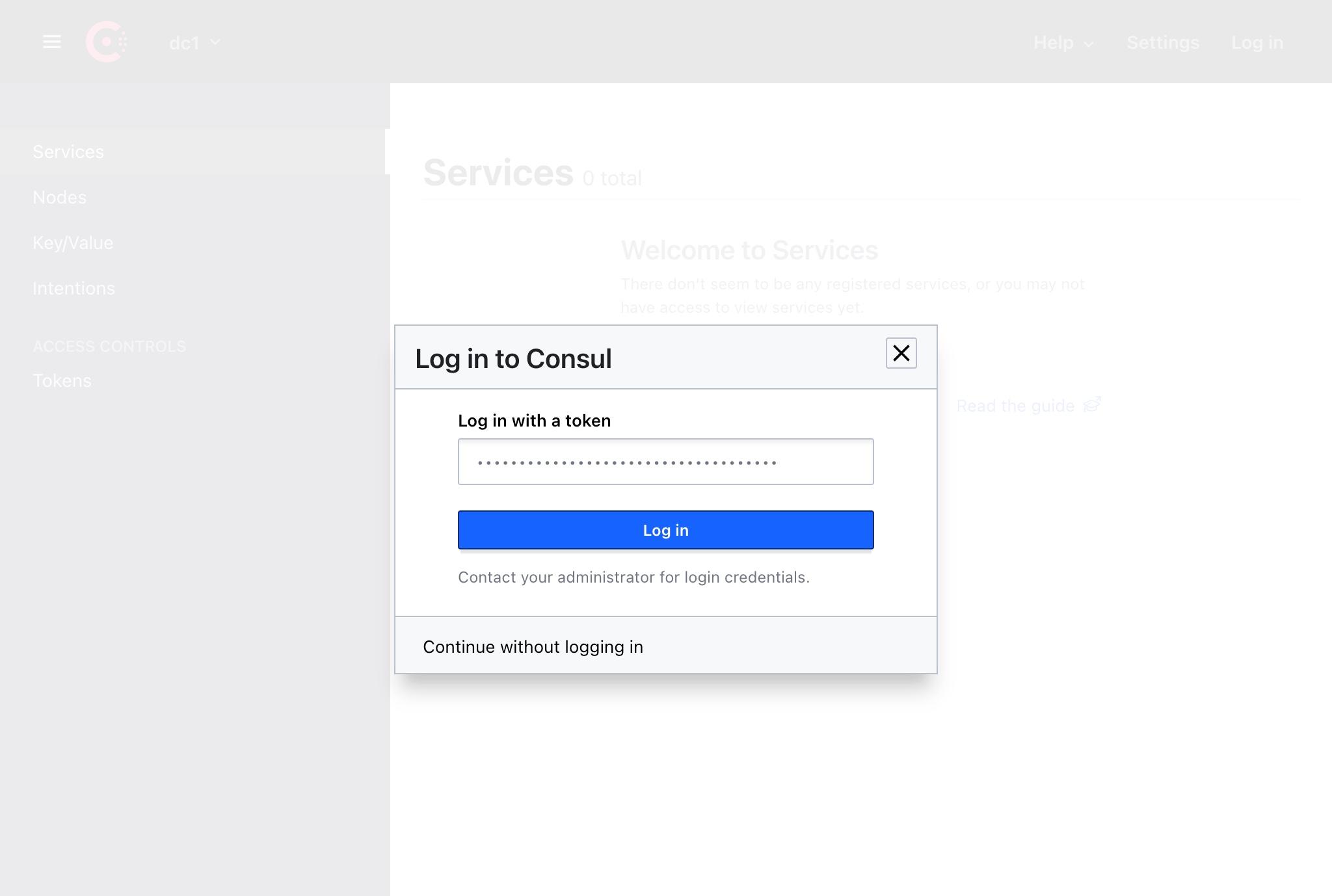 Consul UI with log in dialog