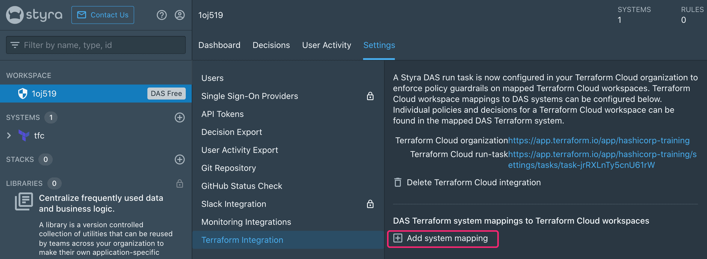 Add Styra workspace system mapping